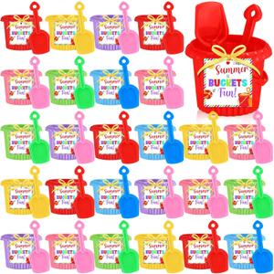 48 Pcs End of The Year Gift Summer Gifts 6 Inch Sand Beach Buckets and Shovels Bulk with Gift Cards Plastic Beach Pails WaterBucket for Graduation Summer Pool Party Favor(Striped Style)