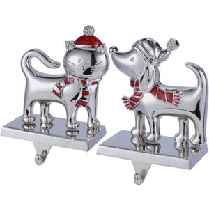 2 Pack Stocking Holders for Mantel, Silver Metal Christmas Stocking Holder for Mantle Christmas Stocking Hangers for Mantel Stocking Hooks for Fireplace Stocking Holders for Christmas (Dog and Cat)
