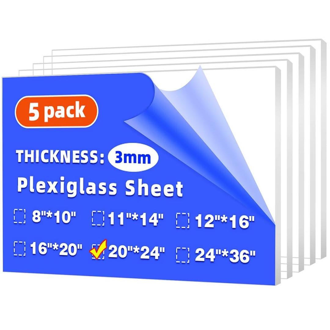 (5 Pack) 20" x 24" Clear Plexiglass Sheets 1/8 inch Thick (3mm)