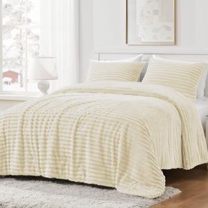 puredown Fluffy Queen Comforter Set - Super Soft & Warm Fleece Comforter Queen Size for Winter, Luxury Plush Fuzzy Bed Set 3 Pieces, 1 Shaggy Comforter with 2 Pillowcases, Cream