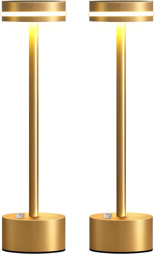 PUSU Cordless Table Lamp Set of 2, Battery Powered LED Desk Lamp Portable Table Lights 3-Level Brightness Touch Control, Lighting for Home Office Bedroom Hotel Restaurant Outdoor Night Light(Gold)