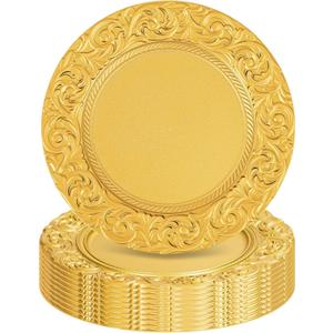 Gold Charger Plates Bulk 10Pcs - 13" Gold Chargers for Dinner Plates, Round Floral Embossed Decorative Charger Plate for Wedding & Event Kitchen Party Decoration