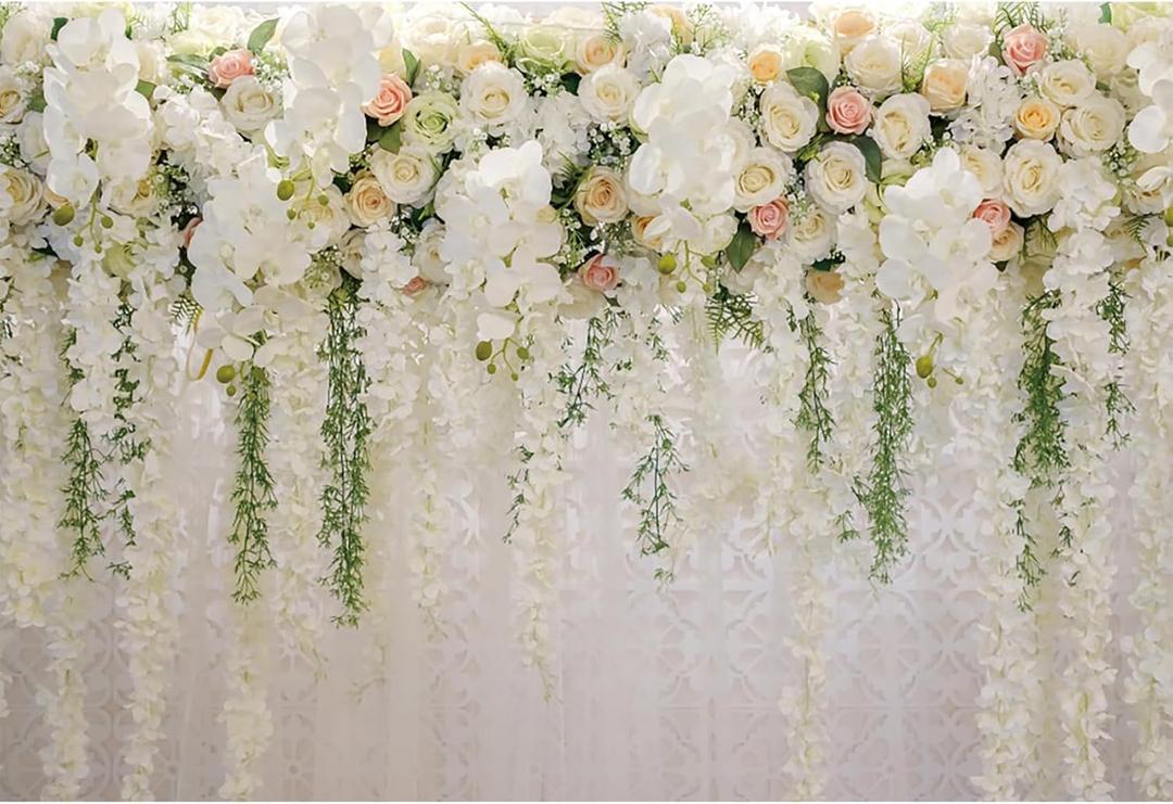 10x8ft Wedding Backdrop White Curtain Floral Wedding Ceremony Photography Background Bridal Shower Party Decor Lover Engagement Proposal Prom Banner Newborn Baby Shower Party Vinyl Wallpaper (10x8ft/3x2.5m)