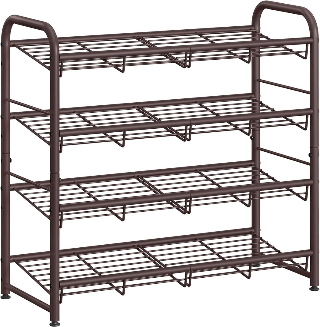 SONGMICS Stackable Shoe Rack, 4 Tier Metal Shoes Rack Storage Shelf, Holds up to 16 Pairs Shoes, Adjustable Slanted Shelves Tower Organizer for Closet Entryway Small Spaces, Bronze
