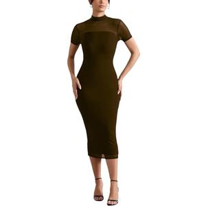 Women's Casual Mesh Elastic Double Layer Mock Neck Short Sleeve Keyhole Back Slit Midi Bodycon Dress Dark Brown, M