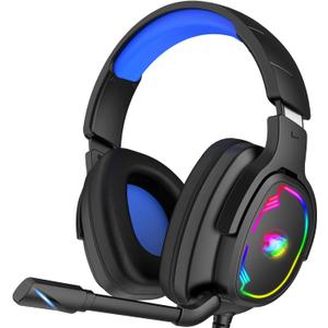 Gaming Headset for PC/PS4/PS5/Xbox One/Switch, Stereo Surround Sound Gaming Headphones with Noise Canceling Flexible Mic, Computer Headset with 3.5mm Jack & RGB Light(Blue)