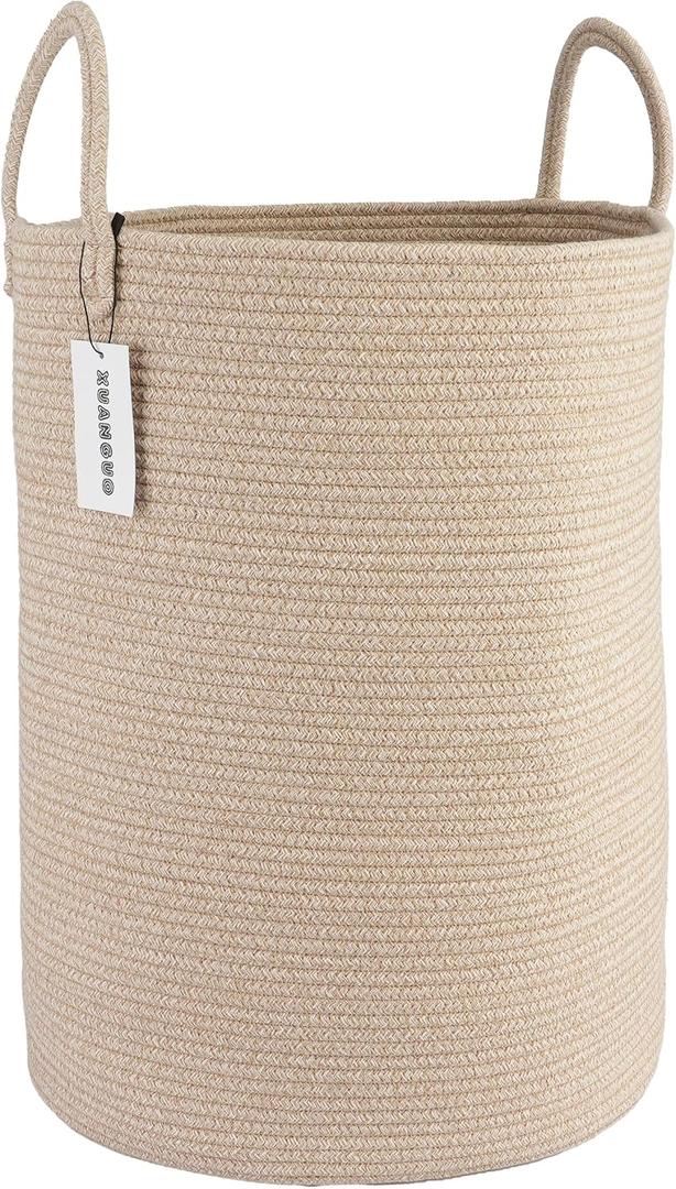 XUANGUO Cotton Rope Laundry Basket Hamper for Clothes Woven Storage Basket for Living Room Bedroom Boho Tall Rope Baskets for Blanket Toys Pillow Towels Baby Nursery Hamper Bin Large oatmeal