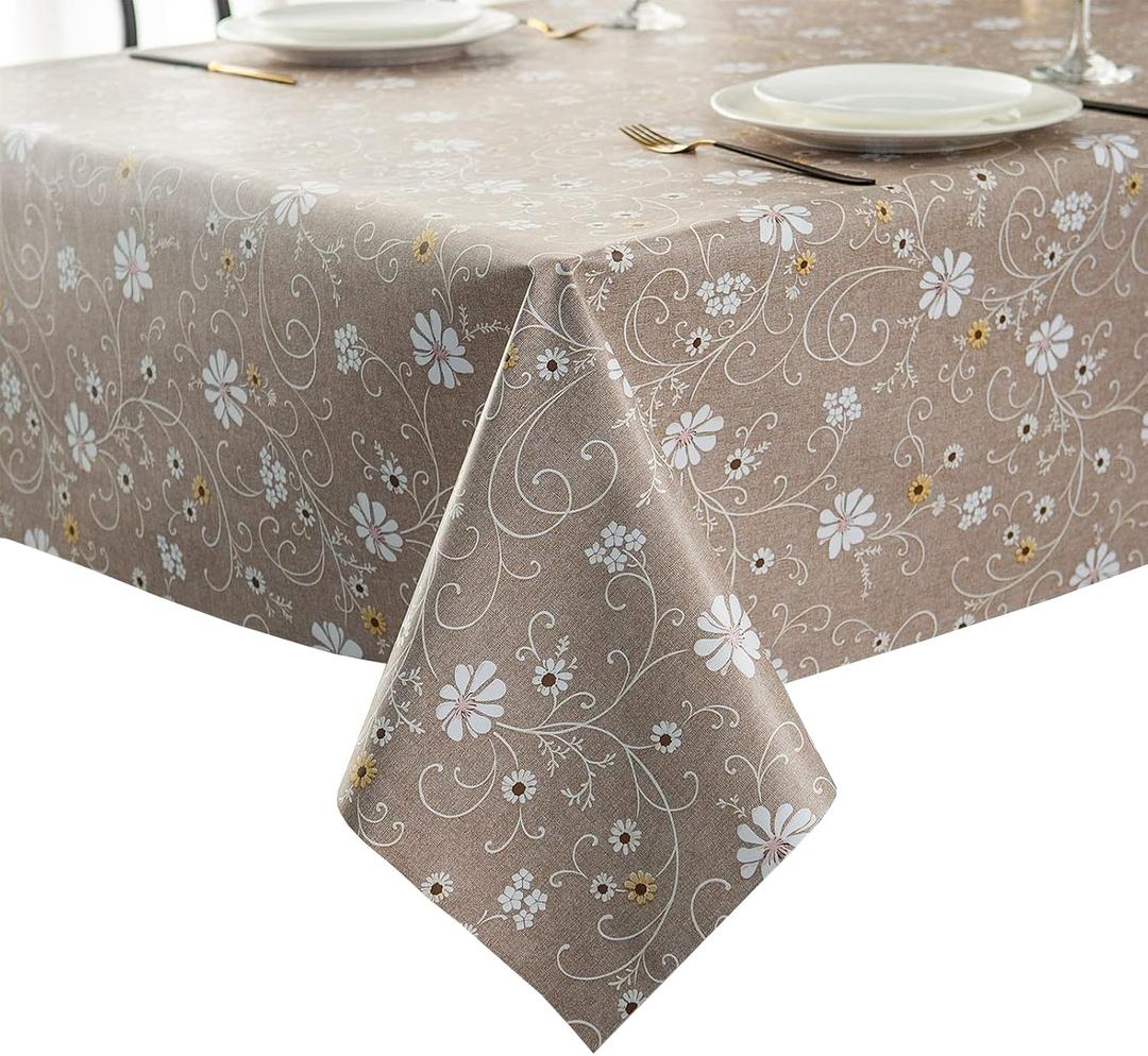 Pioggia Heavy Weight Vinyl Tablecloth Waterproof Oil-Proof PVC Table Cloth Stain-Resistant Easy Care Plastic Table Cover for Indoor and Outdoor (Brown Flower, 54 x 70 Inch)