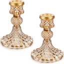 OwnMy Set of 2 Gold Glass Taper Candle Holders Decorative Glass Candlestick Holders, Modern Taper Candle Stands Candlesticks for Dining Table Centerpieces Wedding Church Decor