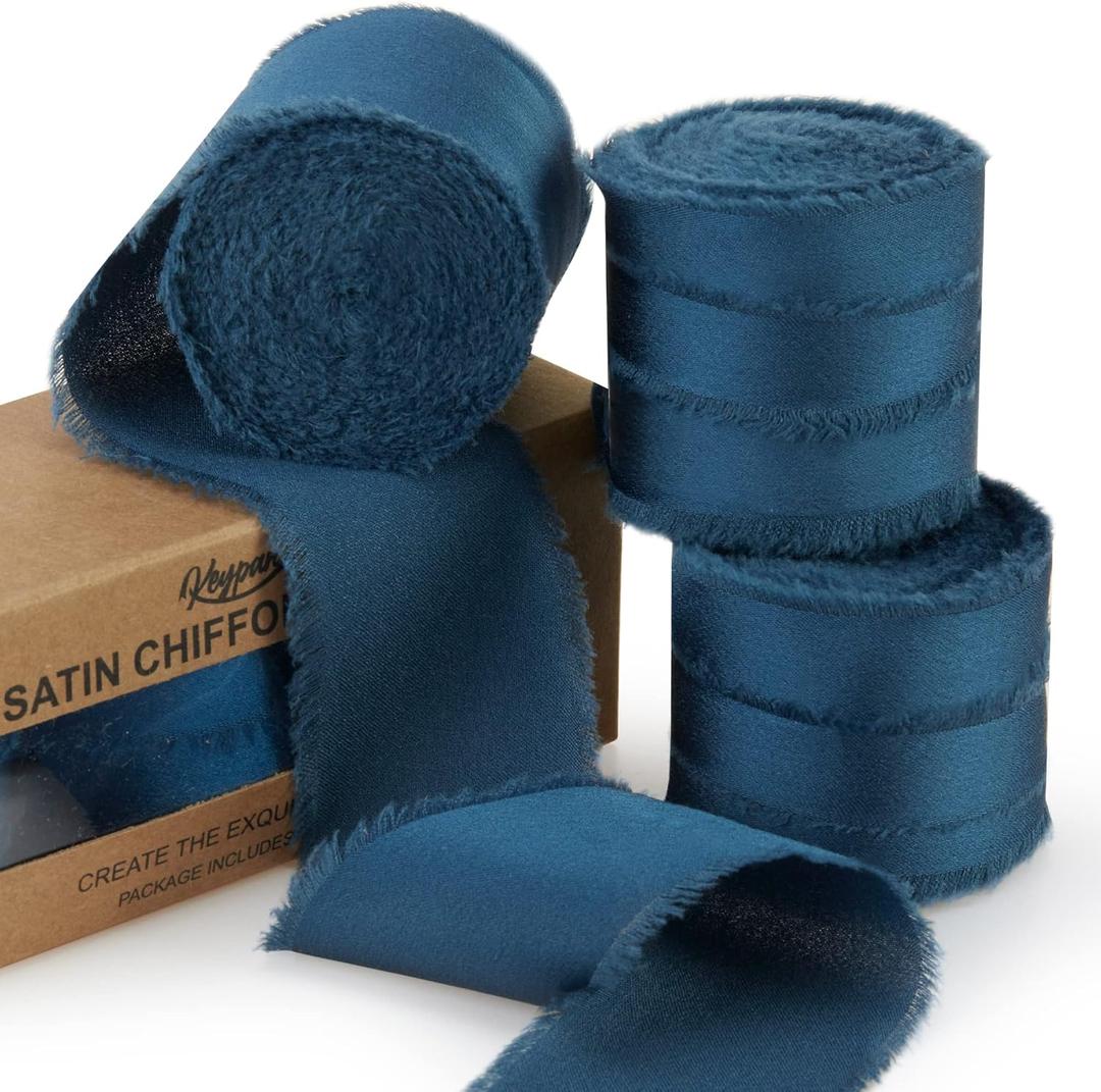Keypan Dark Blue Ribbon for Gift Wrapping, Silk Satin Chiffon Frayed Fabric Ribbons for Crafts Flower Bouquets Wedding Invitation Decor Baby Shower 1-1/2 Inch x 21 Yd