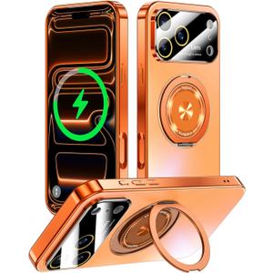 for iPhone 17 Pro Max Case with Spin Magnetic Stand [Integrated Camera Cover] [Fit for MagSafe] Slim Shockproof Protection Phone case with Kickstand 6.9'', Cosmic Orange