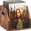 Homeiju Vinyl Record Storage, Record Box Case Crate, Vinyl Record Album Holder, Desktop Metal & Wooden LP Record Crate, Holds up to 60 RecordsPatent No.D1024563 (Rustic Brown Black (1 Pack))