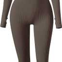 OQQ Women Yoga Jumpsuits Ribbed Exercise Long Sleeve Tops Bell Bottoms Flare Jumpsuits (Medium, Tea Leaf)