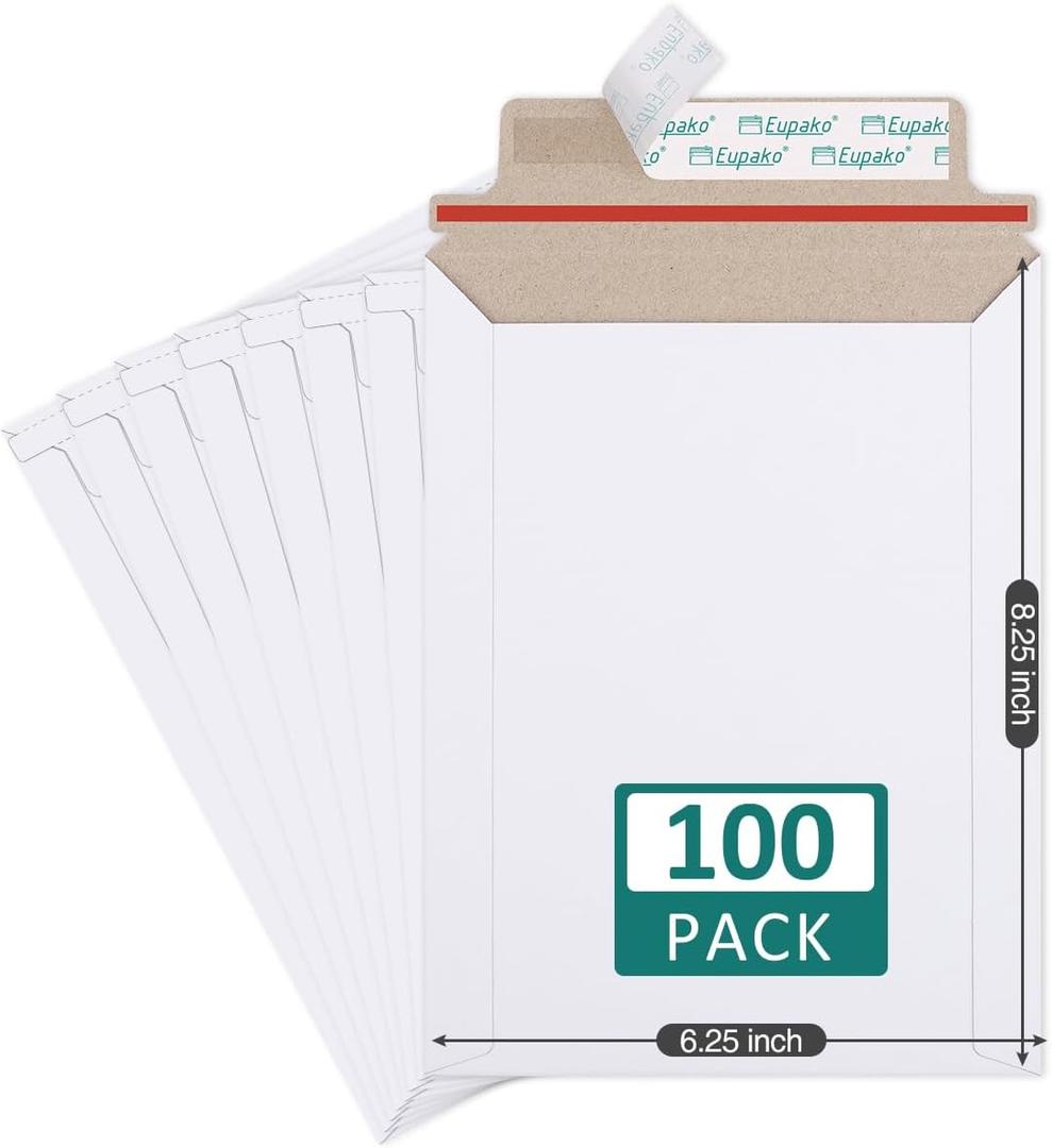 Eupako 100 Pack 6x8 Photo Document Mailer White Stay Flat Self-Seal Cardboard Envelopes for CDs, Pictures, Documents, 6.25 x 8.25 Inches