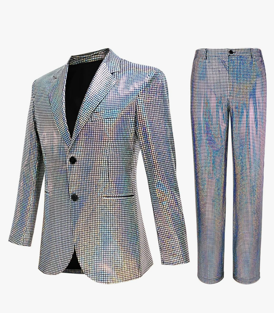 Nawgut Sequin Blazer Metallic Slim Suit 2 Piece Set Disco Prom Shiny Outfit Wedding Party Banquet Fashion Jacket Pant Size L
