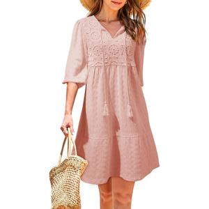 Dokotoo Womens Dresses Summer V Neck Drawstring Embroidered Half Sleeve Mini Dress Boho Dresses for Women 2026 Sundresses (Pink, XL)