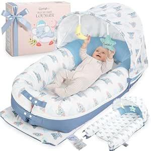 JollyBoo® Deluxe Infant Lounger Pillow - Baby Lounger 0-24 Months | Bamboo-Cotton Portable Baby Nest with Foldable Sunshade & 2 Plush Toys | Soft, Breathable Mesh for Cool, Safe Rest (Blue Elephant)