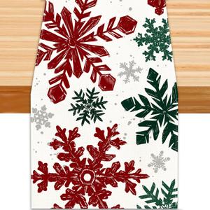 Christmas Winter Table Runner, Red Green Silver Snowflakes Tabletop Runners Xmas Winter Seasonal Holiday Table Decorations for Farmhouse Kitchen Dinning Home Indoor Party Decor 13x72in