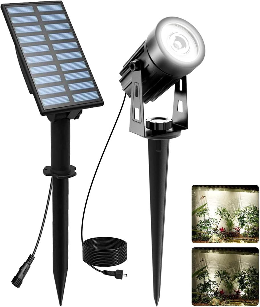 T-SUNUS Solar Landscape Spotlights Metal, Garden Spot Lights IP65 Waterproof 9.8ft Cable, 2000mAh Separated Panel, Auto On/Off for Christmas Tree Flag Garden Driveway Pathway Pool Area (White 6000K) (1-IN-1)