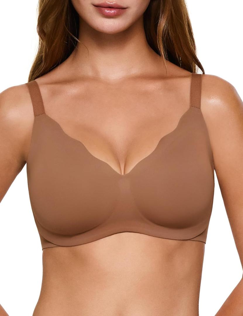Women's Wireless Push Up Bra Scalloped No Underwire Comfortable Bras Full Coverage Seamless Tshirt Everyday Bralettes (Brown, L)