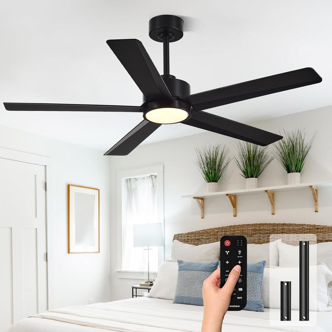 Conciseer Modern Ceiling Fans with Lights,52 Inch Ceiling Fans with Remote for Bedroom Living Room Kitchen, 18W 3CCT Dimmable5 Blades 6 Speed Reversible Quiet DC Motor Black
