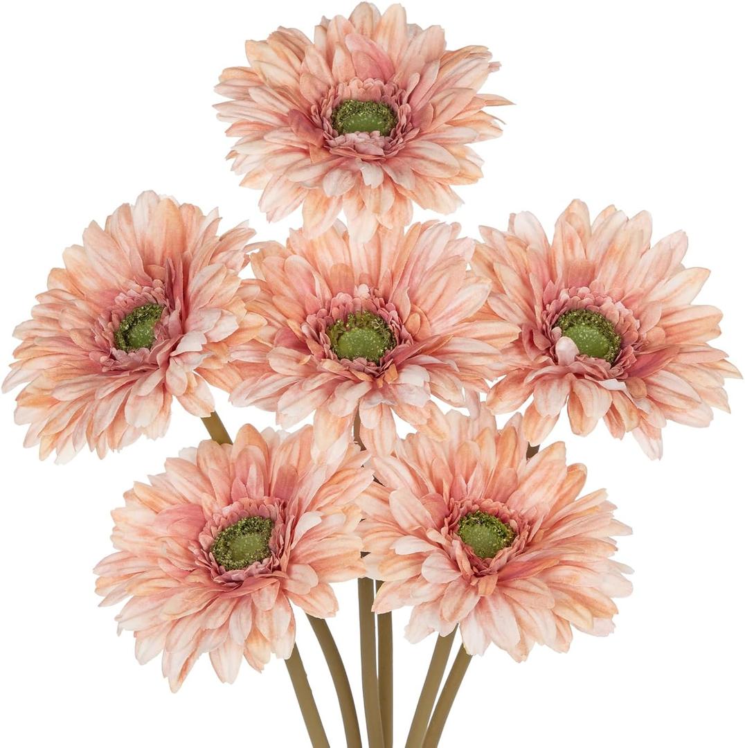 Briful Realistic Fake Flowers Bulk – 6pcs Gerbera Daisy Artificial Flowers Bouquet, Spring Summer Faux Flowers Indoor for Vase Filler, Wedding Centerpieces, Home & Outdoor Decor, Pink