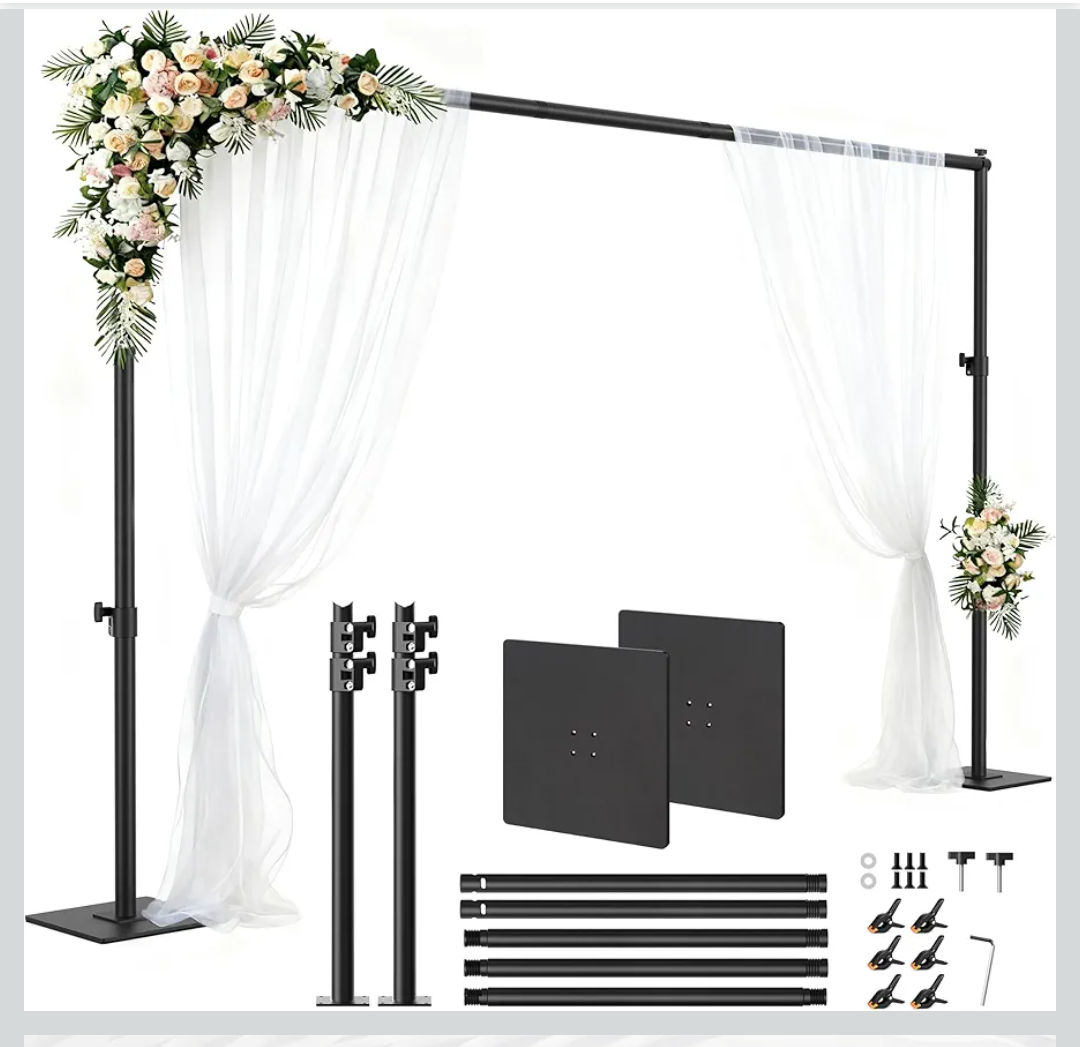 Square Backdrop Stand 6.5x10 ft, Adjustable Photo Backdrop Stand Kit, Heavy Duty Pipe and Drape Photography Background Support with Flat Metal Base for Wedding, Party, Video Studio, Birthday, Black
