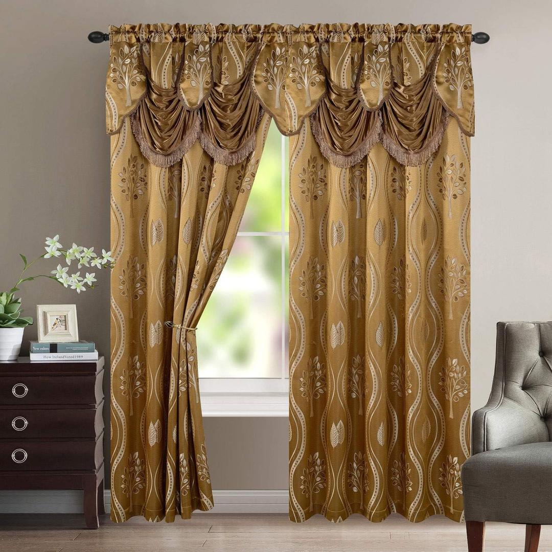 Aurora Tree Leaf Jacquard Window Panel with Attached Valance, Premium Quality, Beautiful Tree Leaf Design, Vibrant Colors, 100% Polyester, 54x84 Inches Per Panel, 2-Pack (Mocha)