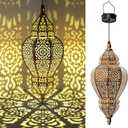 Hapjoy Moroccan Hanging Solar Lights Outdoor Lantern Bidirectional Availabili Garden Decor Waterproof Plastic Gold Decorations for Patio Pathway Yard Backyard Solar Powered Garden Decorative (2, Gold)