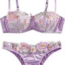 Verdusa Women's 2 Piece Embroidery Mesh Satin Lingerie Sets Underwire Bra and Thong Set Purple X-Large