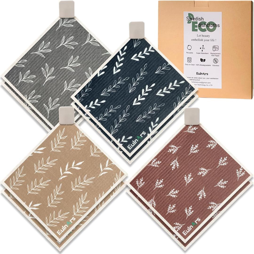 Eulnars Swedish Dishcloths, 8 Pack Reusable Paper Towels with Clips, Quick Drying Dish Towels, Super Absorbent Cellulose Sponge Cloths, No Odor, Kitchen Cleaning Essentials (Simple Leaf)