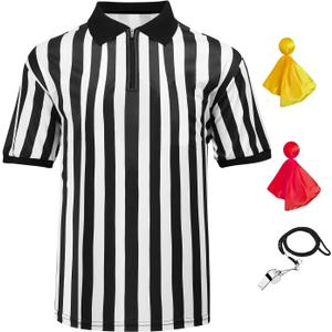 4 Pcs Men's Official Referee Costume Set Zipper Ref Shirt Stainless Whistle with Lanyard Red & Yellow Penalty Flag (X-Large)