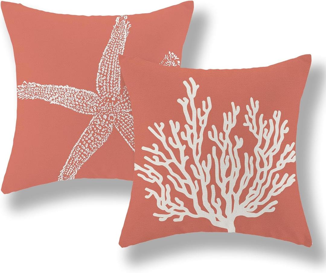 Orange Starfish Pillow Covers 18x18 Inch Set of 2, Nautical Ocean Coastal Orange Coral Throw Pillows Spring Summer Decorations Linen Pillowcase Outdoor Decor Farmhouse Cushion Case for Home Holiday