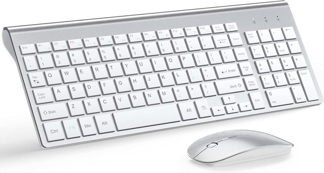 Wireless Keyboard and Mouse Ultra Slim Combo, TopMate 2.4G Silent Compact USB 2400DPI Mouse and Scissor Switch Keyboard Set with Cover, Batteries Included, for PC/Laptop/Windows/Mac - Silver White