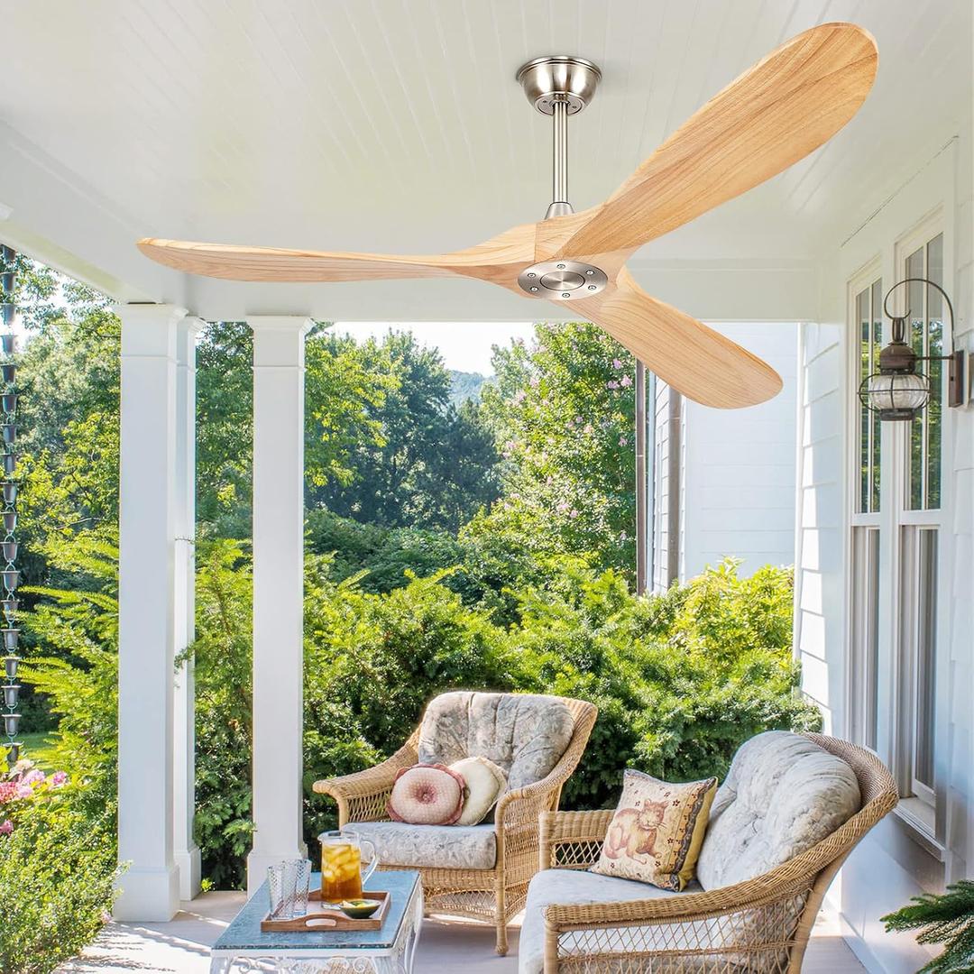 60 Ceiling Fans Without Lights, Wood Ceiling Fan with Remote Control No Light, Outdoor Propeller Ceiling Fan with 3 Blades,Brushed Nickel Outdoor Ceiling Fans for Patios (Nature Wood)