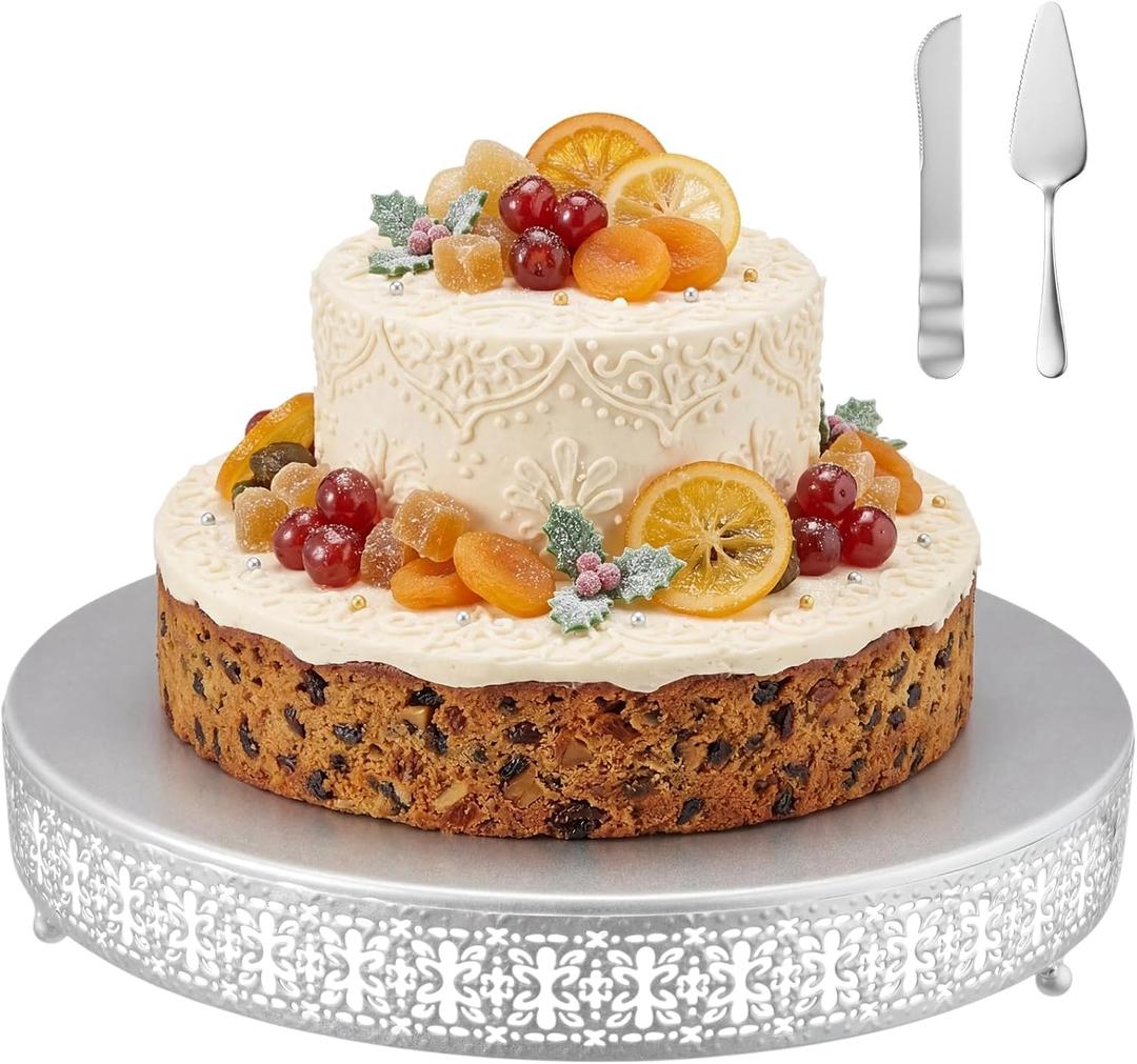Wenqik Silver Cake Stand 16 Inch Metal Round Cupcake Dessert Wedding Cake Stand with Cutting & Spatula Cookies Display Holder Fruit Serving Tray for Table Wedding Birthday Anniversary Party