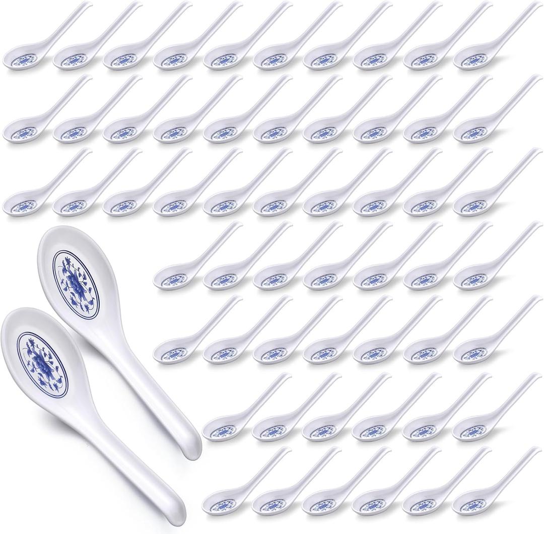 Hushee 100 Pcs Asian Soup Spoon Large Chinese Noodle Ramen Reusable Japanese Pho Spoon Bulk with Hook for Home Restaurant