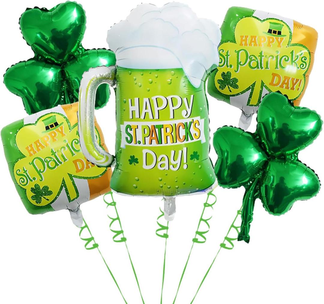 2 x St Patricks Day Balloons Decoration, 5pcs Green Shamrock Aluminum Foil Balloons, Green Clover Leaf Beer Glass Balloon, Irish Day Party Kit for Indoor And Outdoor Celebrations