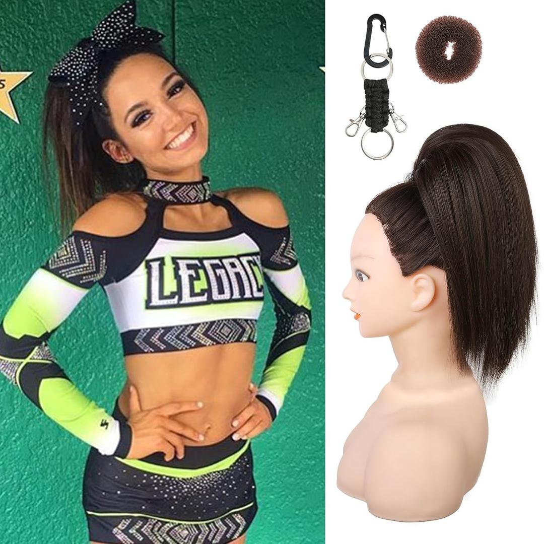 SEIKEA Cheer Ponytail Hair Piece, 10" Straight Tangle-Resistant Smooth Natural Brown Cheerleader Hairpiece Ponytail Extension for Cheer Competition, Dance, Performance, Dark Brown