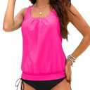 Holipick Pink Blouson Tankini Swimsuits for Women Modest Tummy Control Two Piece Bathing Suits Loose Tankini with Bikini Bottom XXL