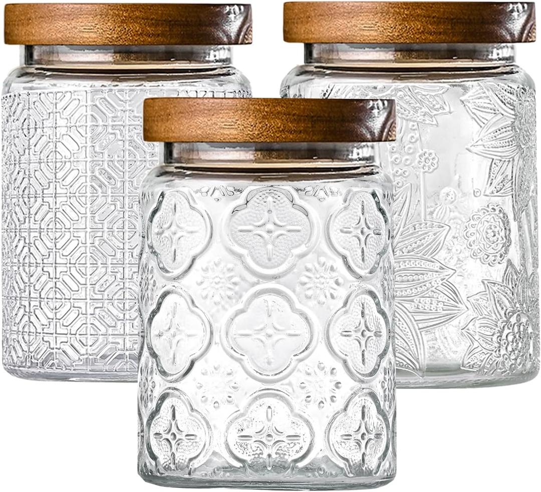 3-Pack 24oz Glass Jar With Airtight Lid,Kitchen Canisters For Countertop,Coffee Sugar Container Set,Pantry Glass Storage Containers For Flour,Candy,Loose Tea,Snack, mason jars (Sunflower/Bigonia/window-25oz)