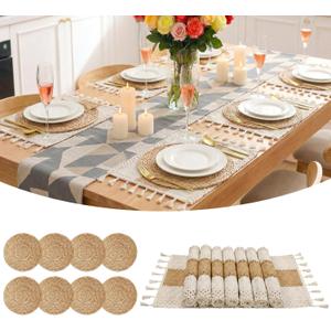 Placemats Set of 8 - Rattan Round Place Mats & 11.8 x 17 Cotton Braided Placemat for Dining Table Setting, Rustic Farmhouse Boho Wedding Decor, Wicker Woven Charger Dinner Plates, 16Pcs