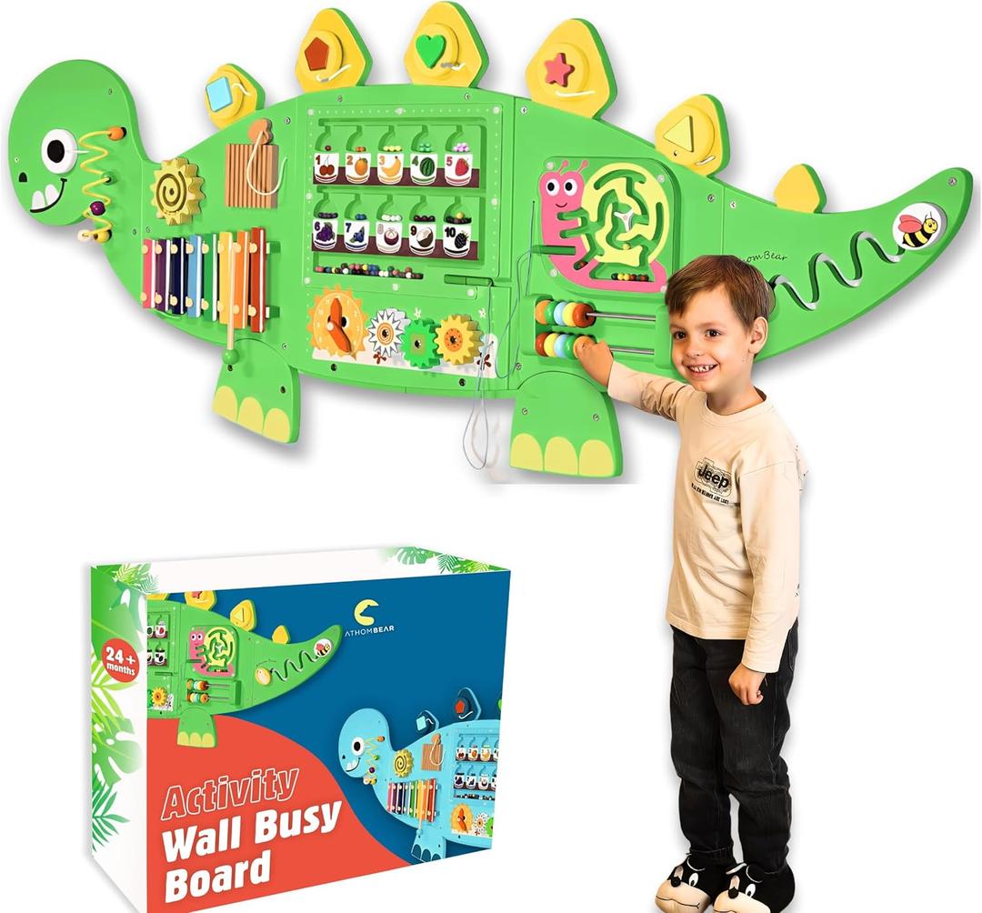 Dinosaur Activity Wall Busy Board, 12 in 1 Sensory Wall Panel for Kids, Wooden Montessori Toys, Toddler Learning Activity Center for Playroom, Daycare, Classroom, Sensory Panel for Autism (Green)