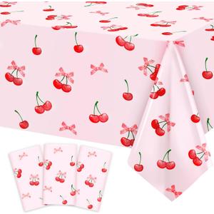2 x 3pcs Cherry Birthday Decorations Tablecloths, Large Size Cherry and Bows Birthday Decorations Table Cloth for Cherries Themed Party, 54 x 108 Inch
