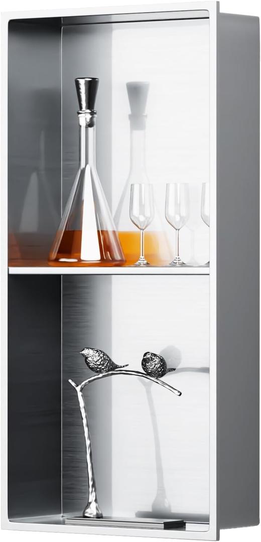 BWE Bathroom Wall Niche,12" X 24" X 4" Stainless Steel Shower Niche,Rimless Recessed Shower Shelf for Bathroom,Double Shelves,No Tile Needed Brushed Nickel