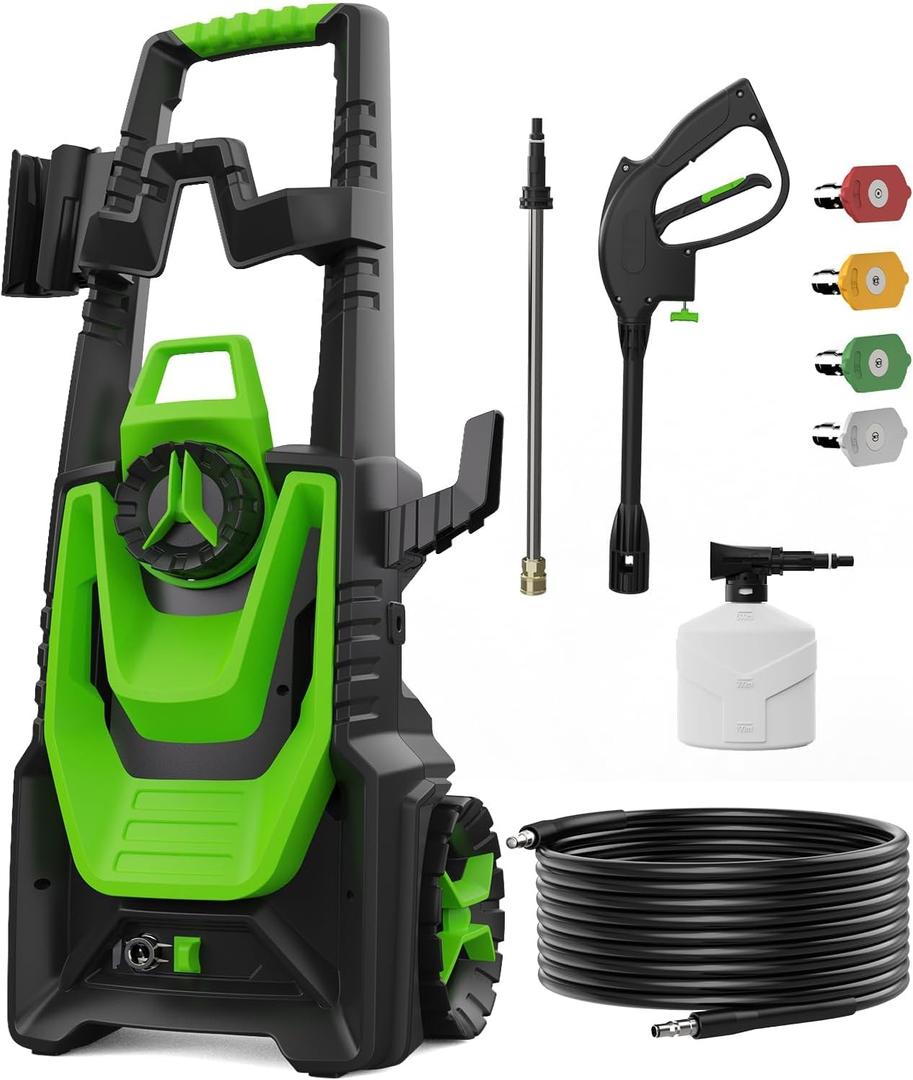 Pressure Washer, 5000PSI 3.2 GPM Power Washer with 35FT Power Cord 20FT Hose Electric Pressure Washers 4 Tips 500ML Foam Canno for Car, Patio (Green)