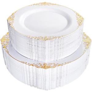 102PCS White and Gold Plastic Plates - Heavy Duty Gold Disposable Plates Include 51PCS 7.5inch Dessert Plates, 51PCS 10.25inch Dinner Plates for Wedding & Parties