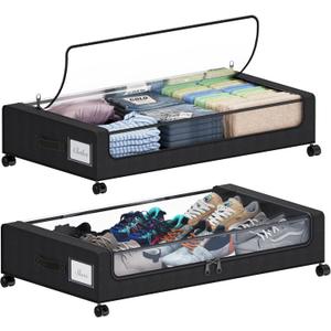 Under Bed Storage with Wheels, XXL 60L Under the Bed Storage Bins, Underbed Storage Containers with Lids & Label, Rolling Metal Drawer for Shoes, Clothes, Books, Toys (2-Pack Black)