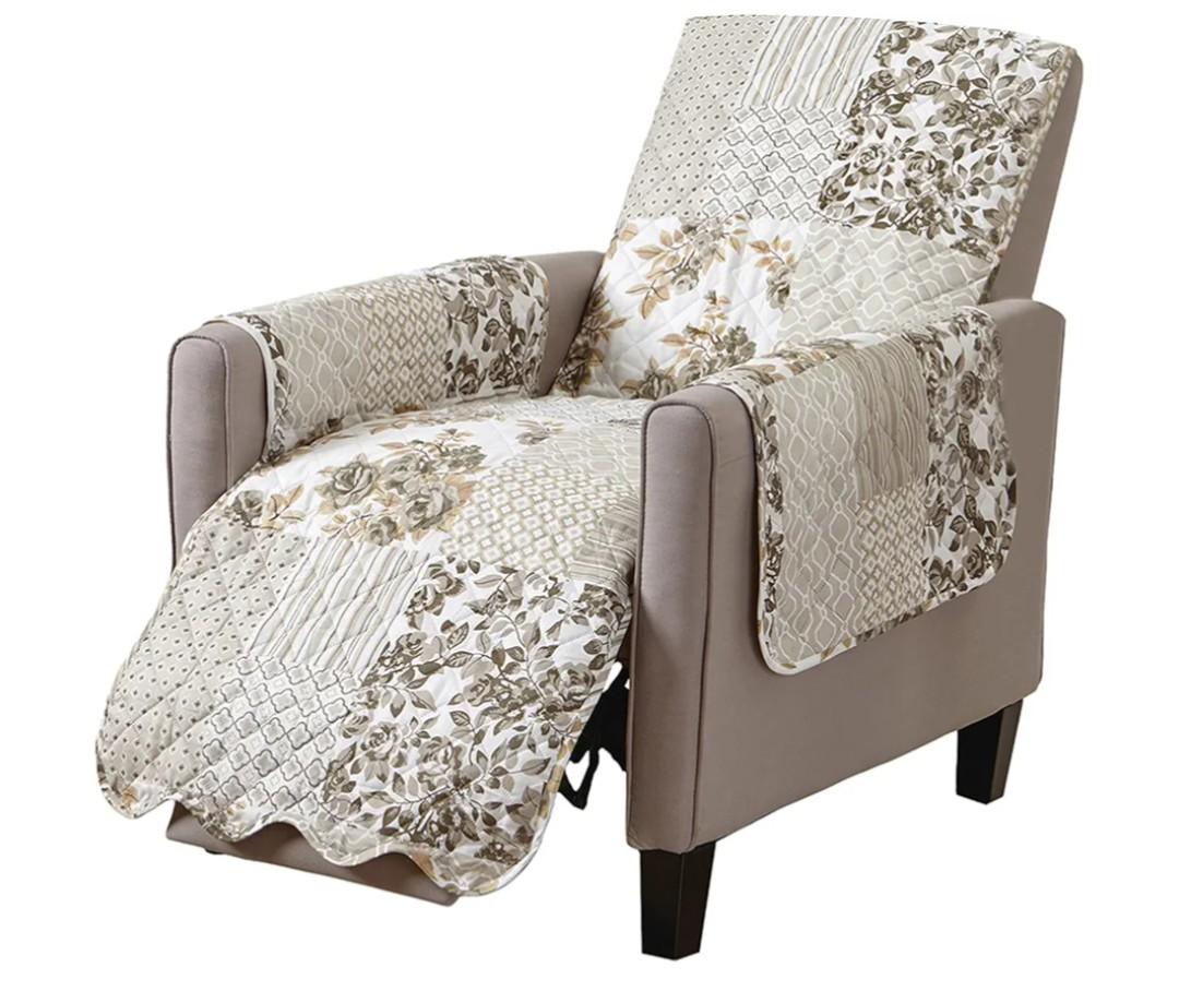 Great Bay Home Reversible Patchwork Recliner Chair Cover - Washable Slipcover Furniture Protector with Elastic Straps - Couch Cover for Dogs, Kids, and Pets - Box-Stitched Detail (Recliner, Taupe)