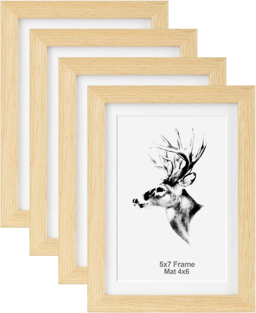 Yaetm 5x7 Oak Picture Frame with Mat for 4x6 Set of 4, Natural Solid Oak Wood Photo Frames 5 x 7 with Tempered Glass, Display on Tabletop or Wall Mounting